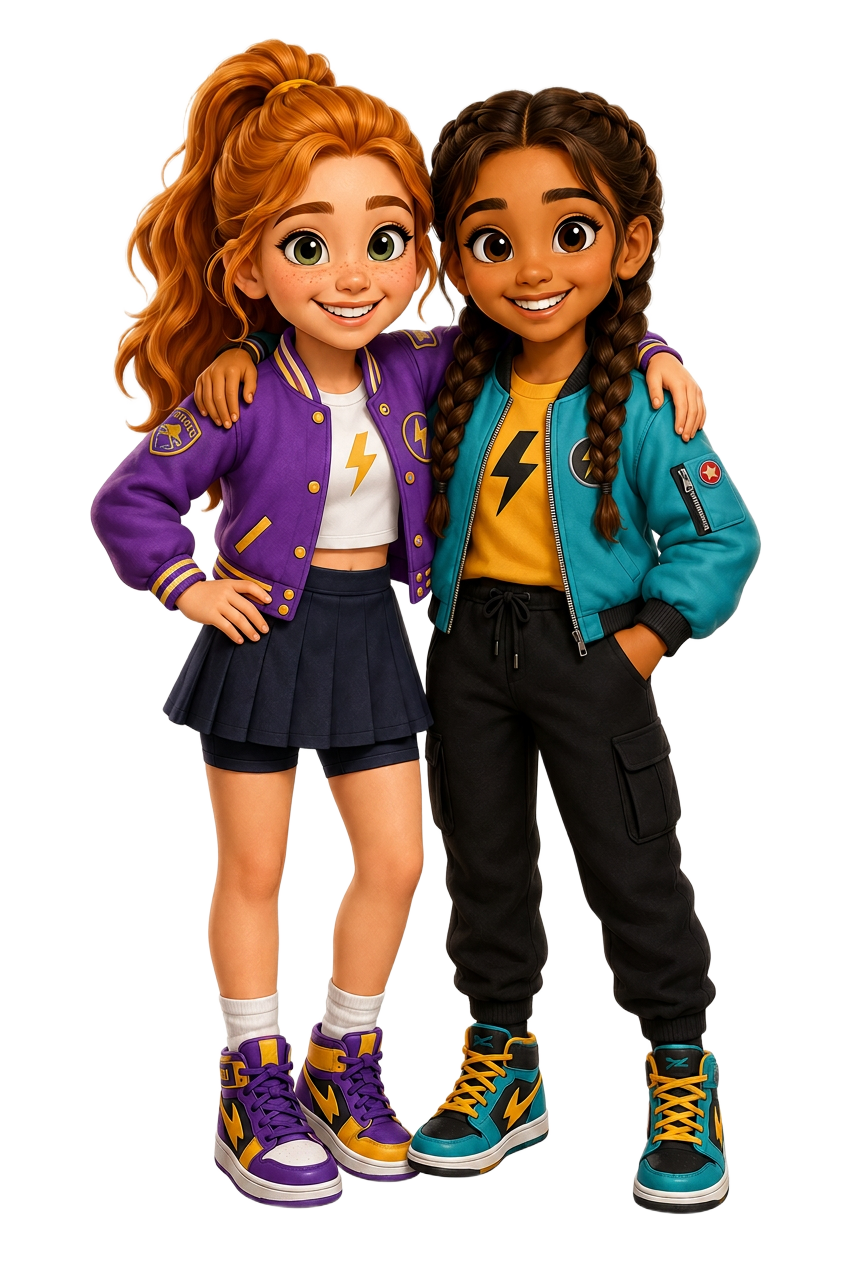 Two HustleBoard children with their arms around each other, ready to join.