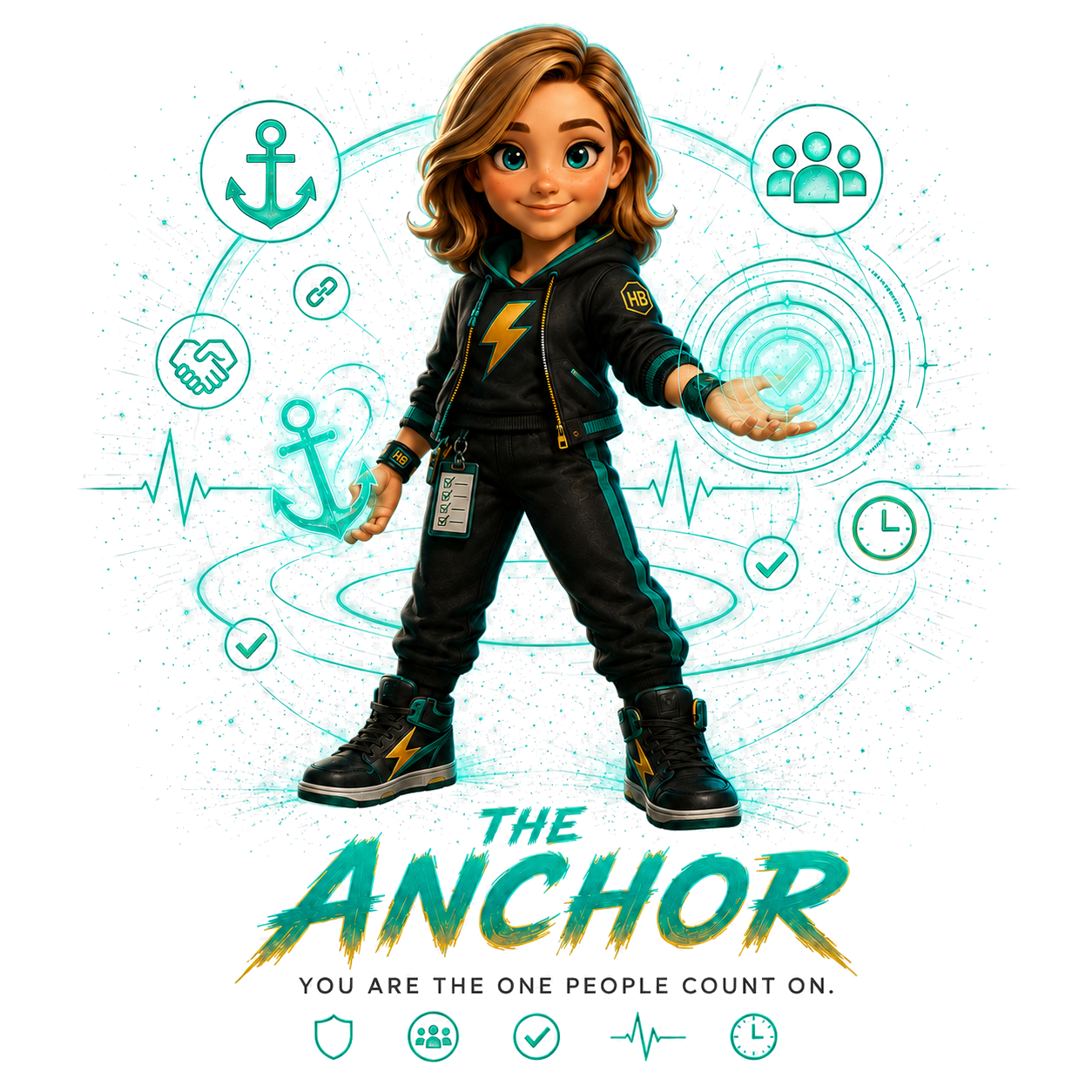 The Anchor character, glowing teal