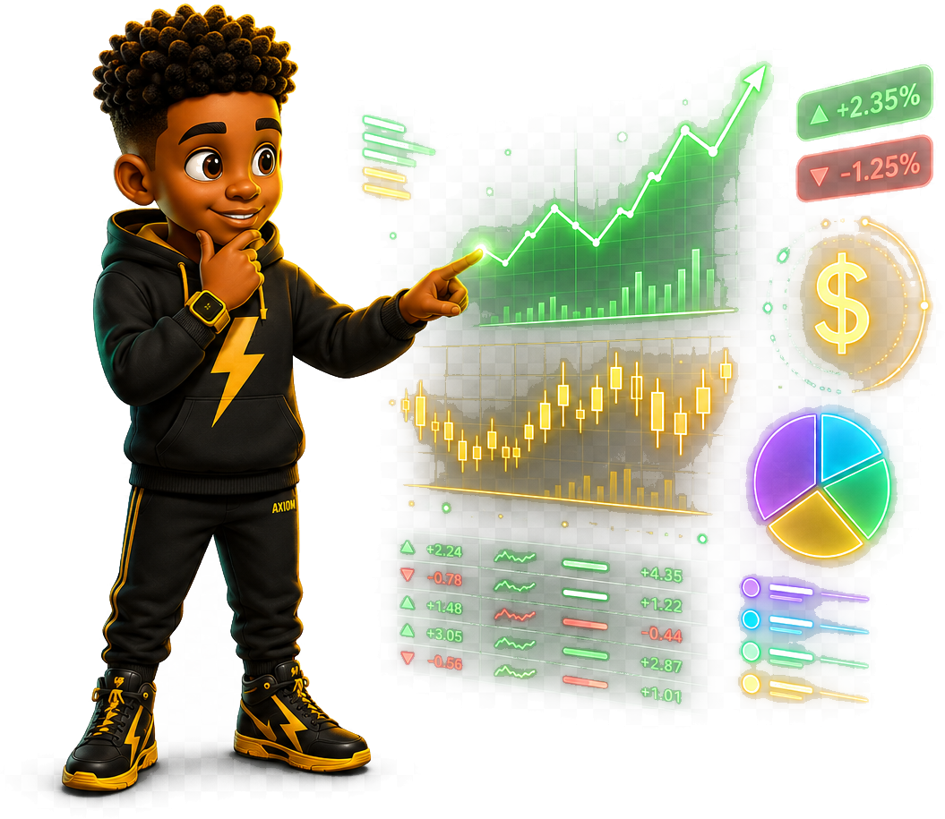 Axiom in front of a stock simulation, showing how invested money can grow.